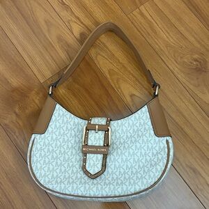 Michael Kors White Logo Canvas Shoulder Bag with Tan Trim